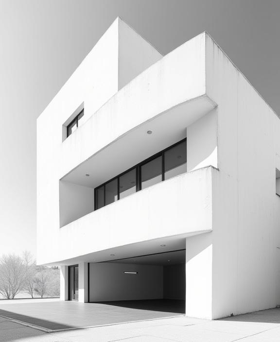 Black and white image showing the clean, geometric lines of a Bauhaus-style building, symbolizing minimalist design inspiration.