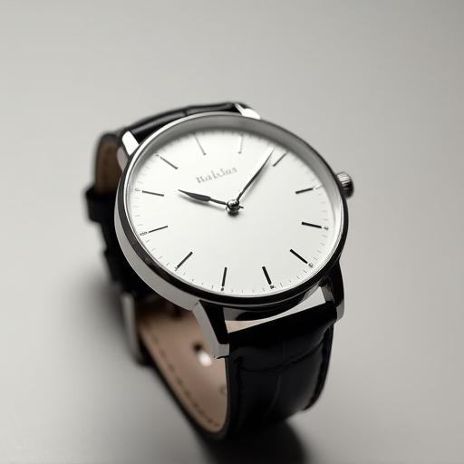 The Meridian Series watch with a clean white dial and black leather strap, representing classic minimalism.